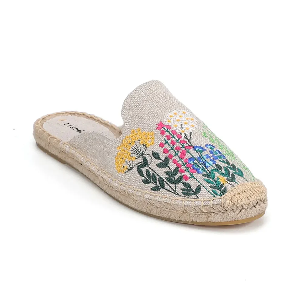 Espadrilles for Women\'s Hemp Flip Flops Slippers, Real Summer Terlik with Embroidered Floral Pattern for Outside