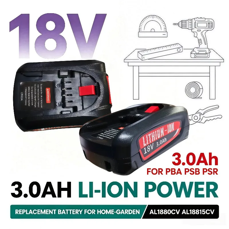 Replacement 18V 3.0Ah Li‑ion Battery For Home‑Garden PBA 18V Fit PSB PSR AL1880CV AL18815CV Chargers