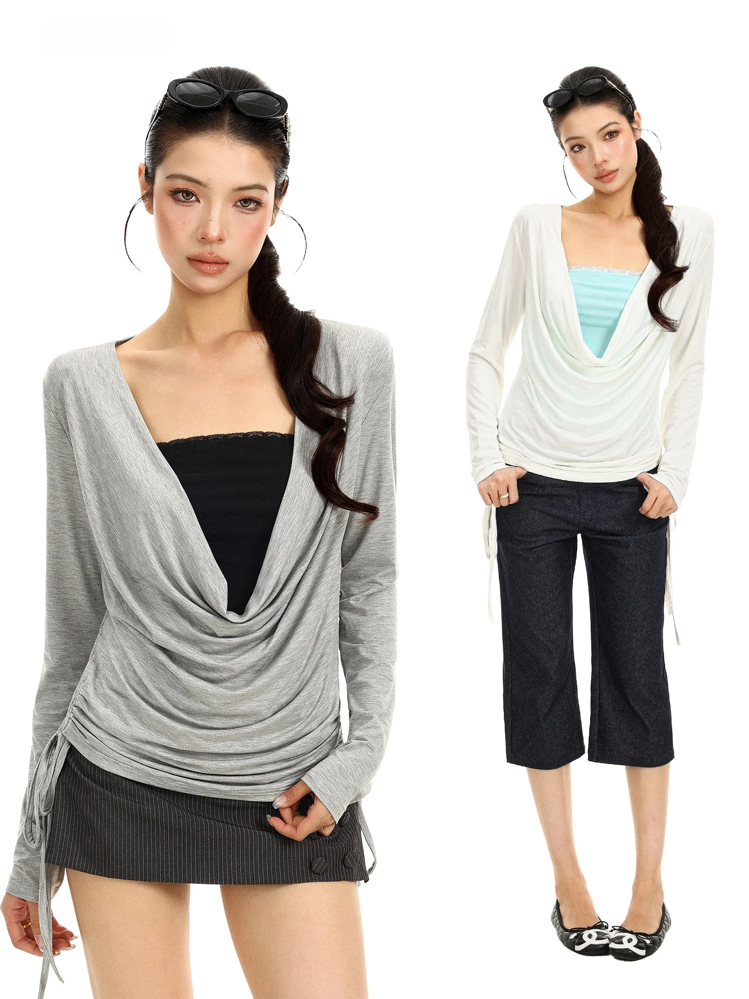 Slim Fit Long Sleeve T-Shirt Women's Two-Piece Set Autumn Thin Pleated Base Shirt Ensemble Sexy Girl Style Standard Fit Creat...
