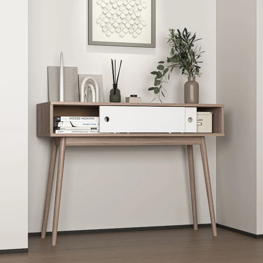 

Entryway Table with 2 White Sliding Doors Console Table with Storage Space and Wood Legs Sofa Table Behind Couch for Hallway Li