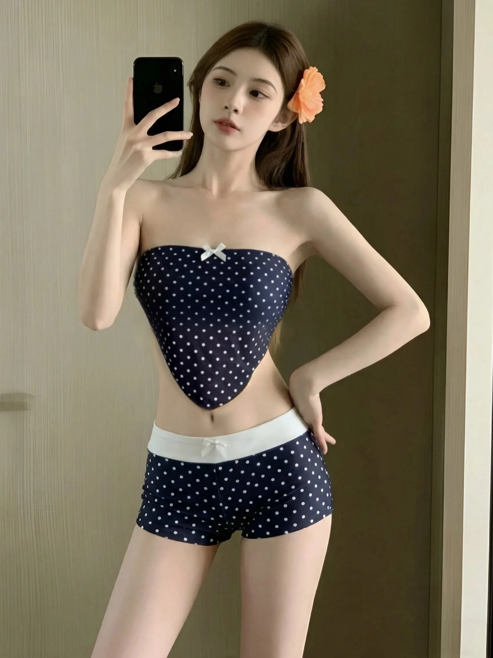 

Polka Dot Bikini Top with Wrap around High Waist Bot Conservative Student Meat Covering Belly Beautiful Ba Swimsuit for...