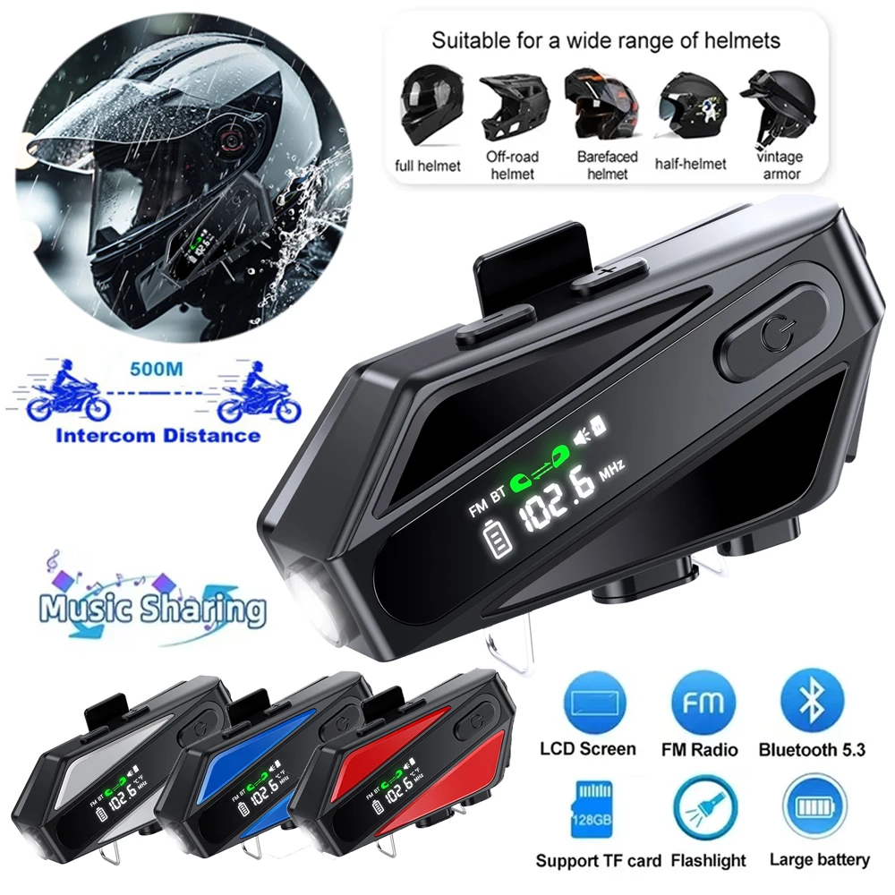 C6 Motorcycle Helmet Bluetooth Intercom Bt5.3 Ip65 Waterproof Intercom Distance 500 Meters Digital Display Tf Recognition