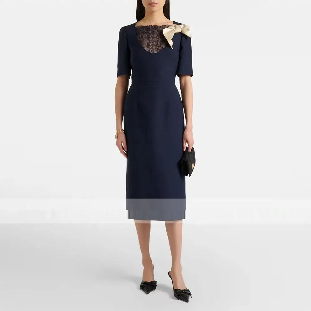 

customized Customized Evening Gown Sheath Formal Party Dress Tea Length Saudi Dress Boat Neck Prom Dress With Bow