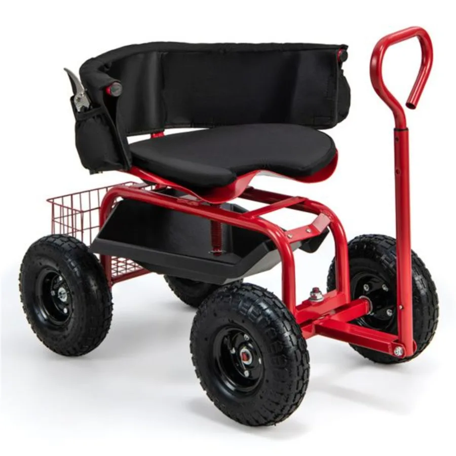 

Garden Cart Height Adjustable Scooter with Swivel Seat Tool Storage Red