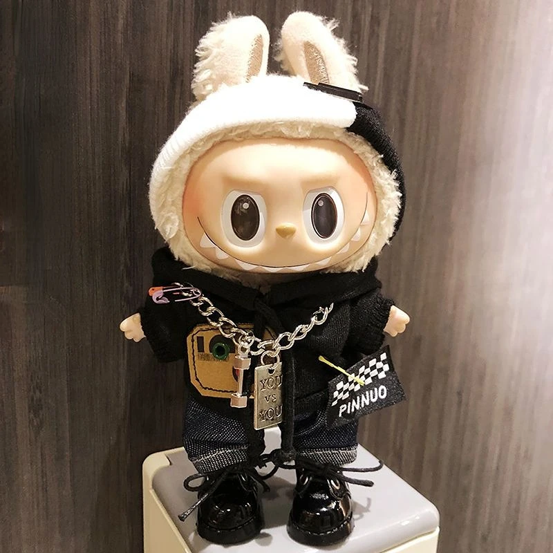 17 cm Cool Mini Labubu Vestiti Felpa con cappuccio Peluche Idol Dolls Tuta Abbigliamento moda Fan Tute Accessori per la Corea Kpop Exo