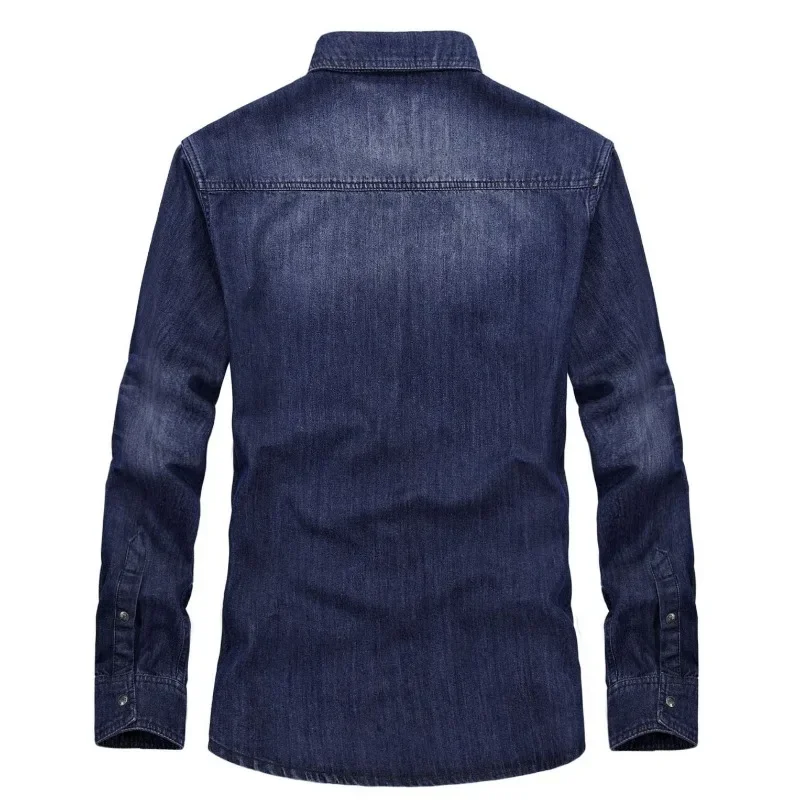 Camisas vaqueras de manga larga con múltiples bolsillos para hombre, camisas vaqueras azules para exteriores para primavera, camisas vaqueras informales de algodón de calidad para hombre