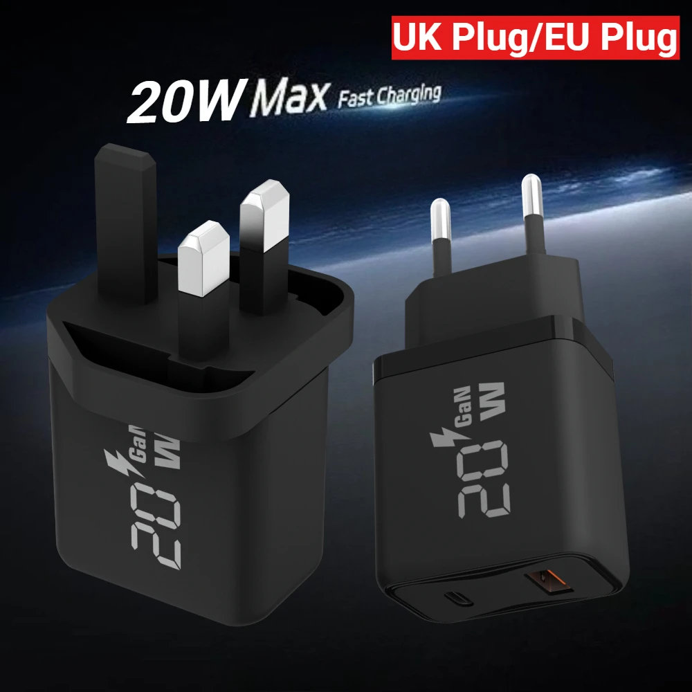 

20W GaN Fast Charger, EU Plug/UK Plug Wall Charger, Dual Interface (USB-A + Type-C), Compatible with Mobile Phones, Tablets