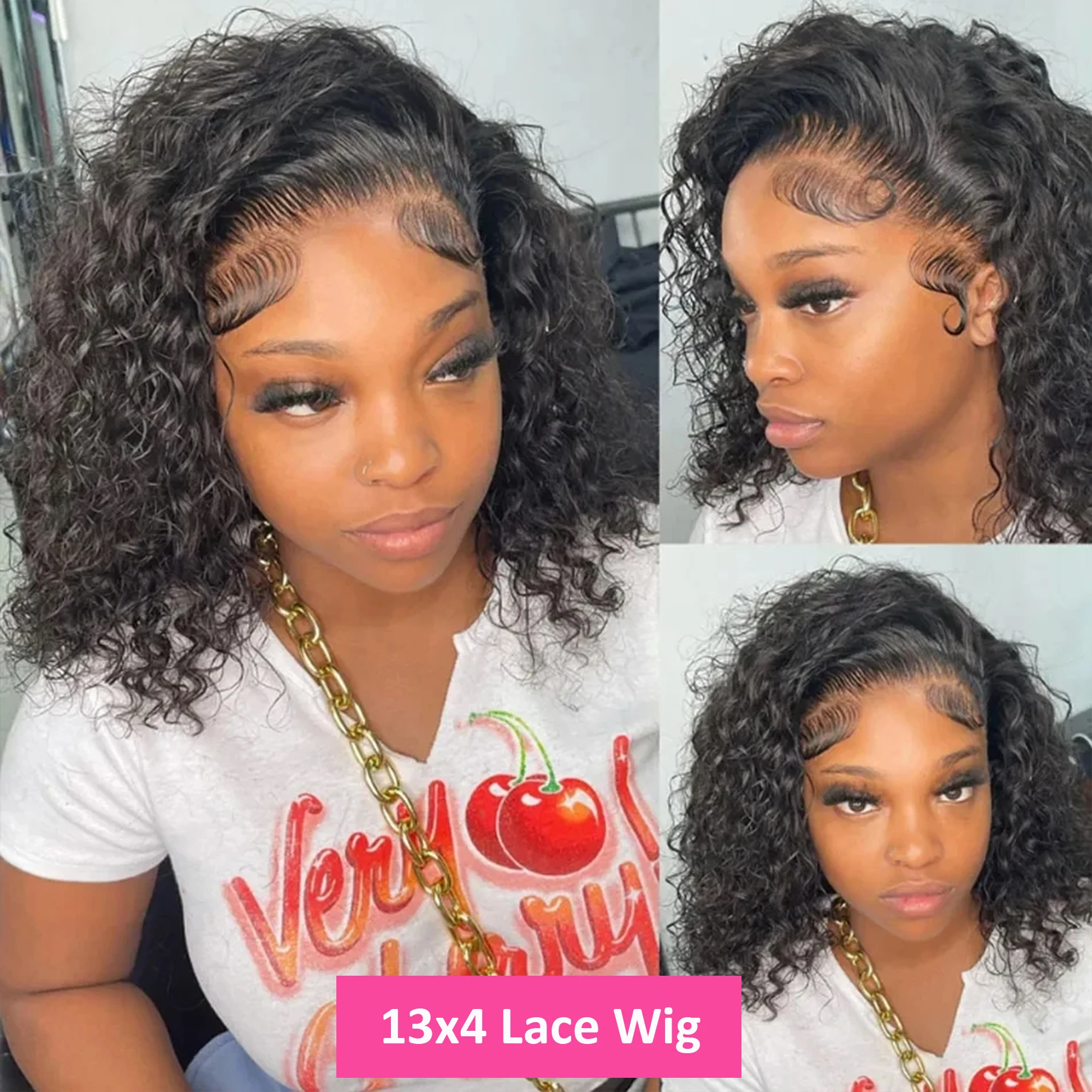 물결 웨이브 밥 가발 100% 페루산 천연 블랙 인모 HD 13x4 레이스 프론탈 가발 200% 밀도 곱슬 가발 프리플럭