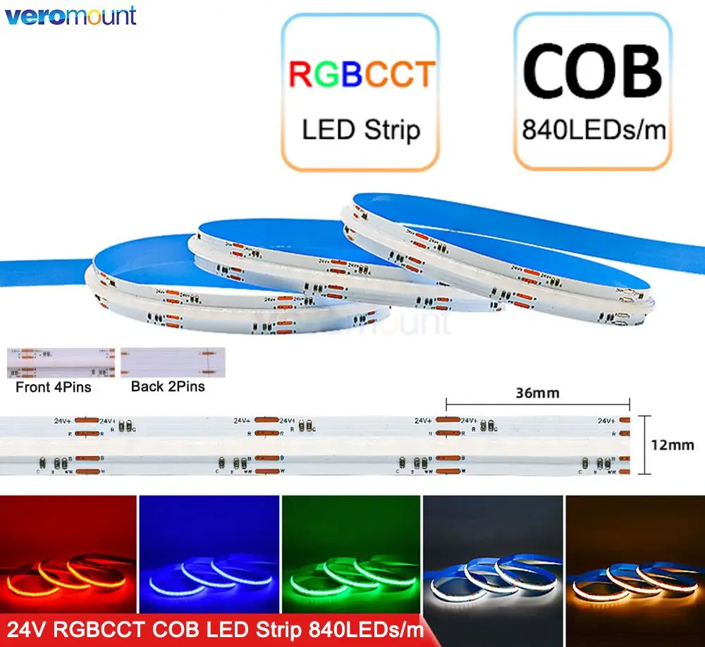 

5m RGB+CCT FCOB LED Light Strip 5 in 1 6Pin 12mm DC24V 840LEDs/m RGBCW RGBWW High Density RA90 Dimmable FOB Flexible COB Linear