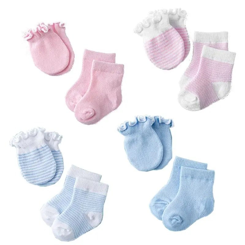 Infant Baby Ankle Socks Mittens Set Sock Gloves Boys Girls 0-6 Months Newborn No Scratch Mittens with Infants