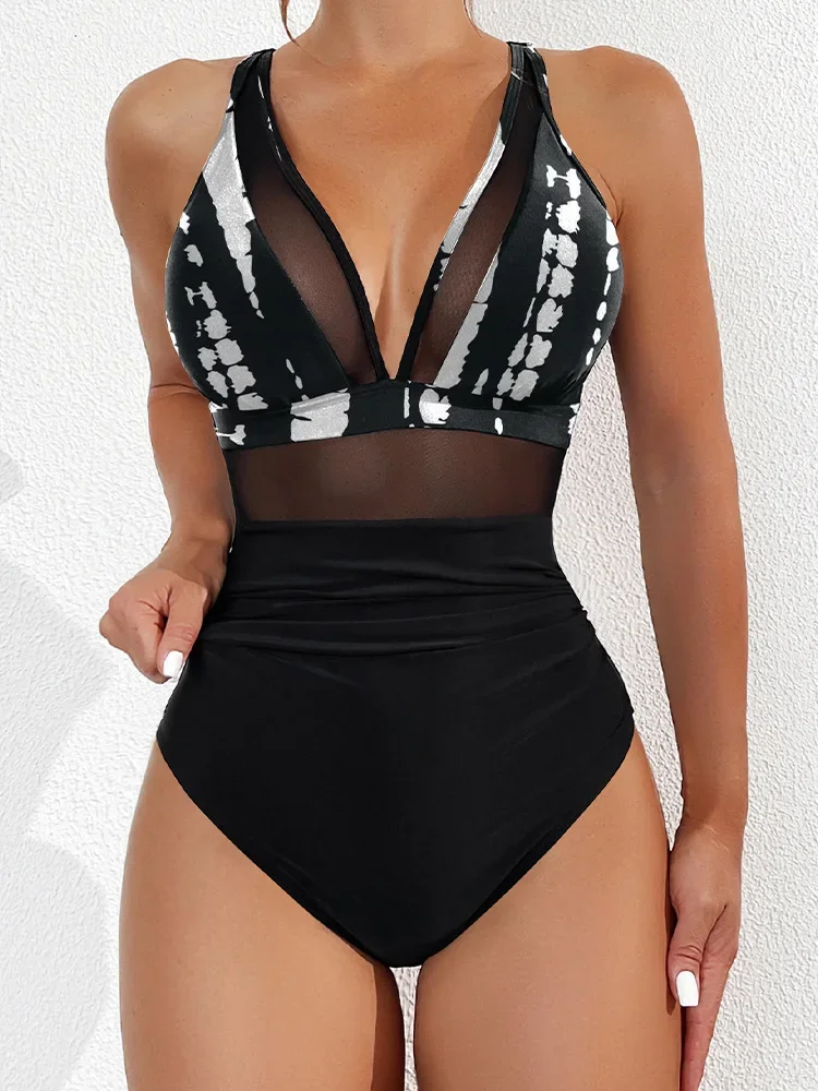 Sexy sólido decote em v vestido de praia uma peça maiô feminino cintura alta praia biquíni 2025 novo verão banho de uma peça maiô