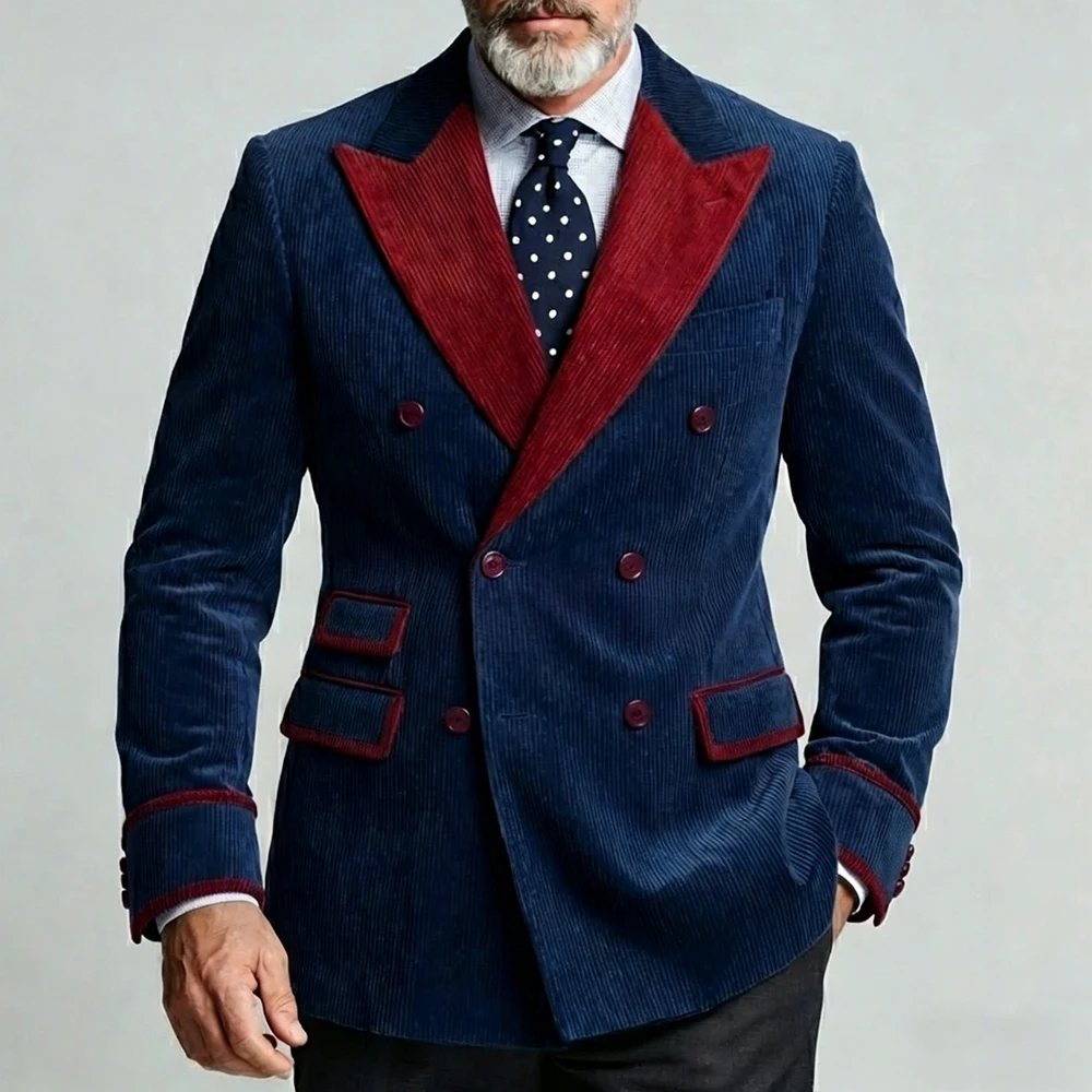 

Luxury Navy Men's Suits Corduroy Double Breasted Blazer with Burgundy Contrast Lapel Vintage Casual Party Business Jacket Pants