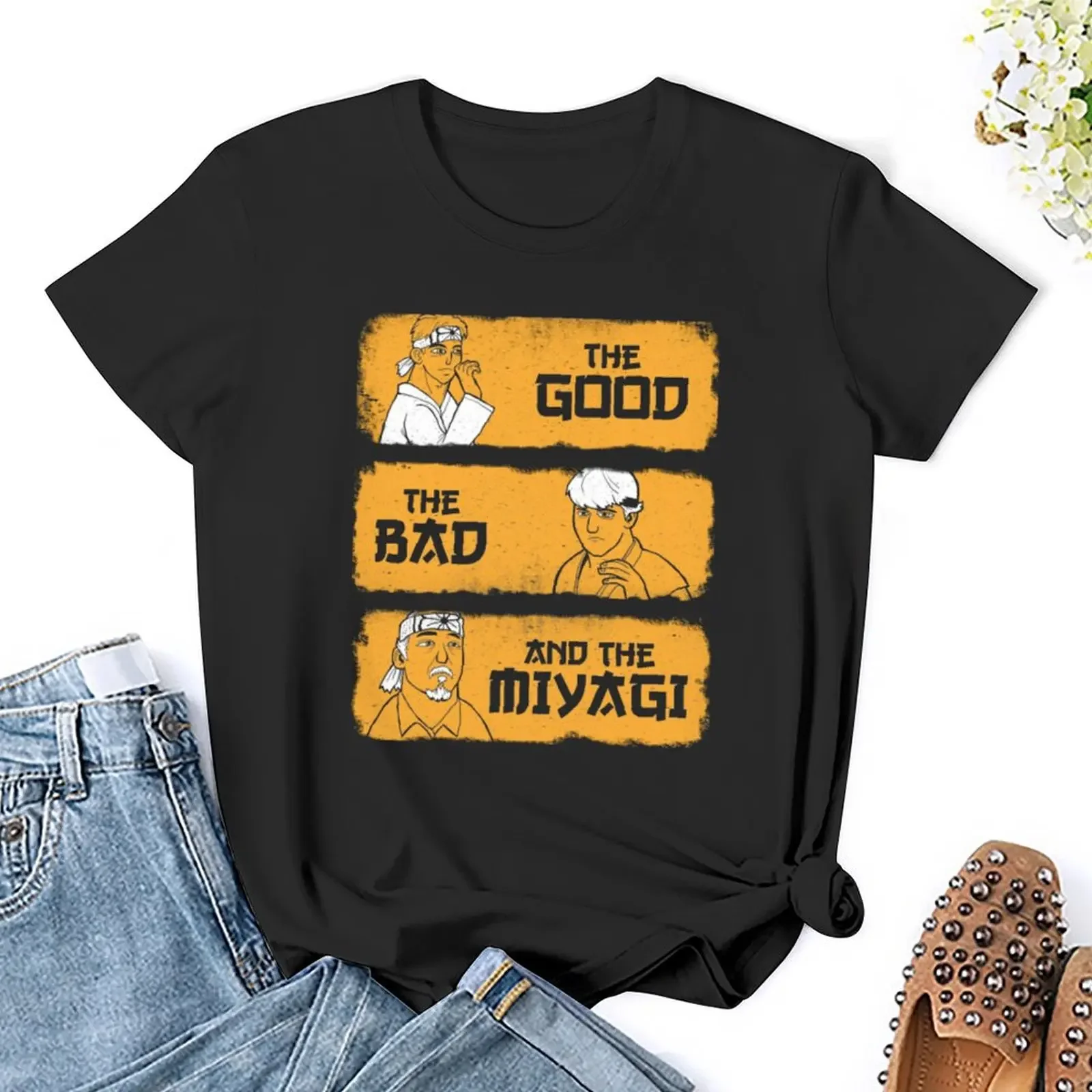 Camiseta gráfica feminina, roupas de senhora, roupas estéticas, ajuste solto, o bom, o mau e o miyagi