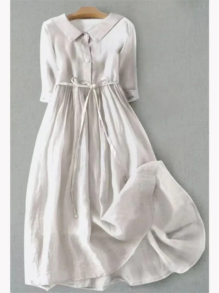 المرأة الترفيه قميص ميدي فستان ربيع الموضة بلون الوجه طوق فساتين فضفاضة السيدات الصيف نصف كم الدانتيل متابعة Vestidos