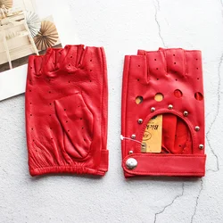 Guantes de cuero de medio dedo para mujer, piel de oveja corta, estilo remache hueco, Delgado, deportes al aire libre, conducción de automóviles, conducción de locomotora, moda
