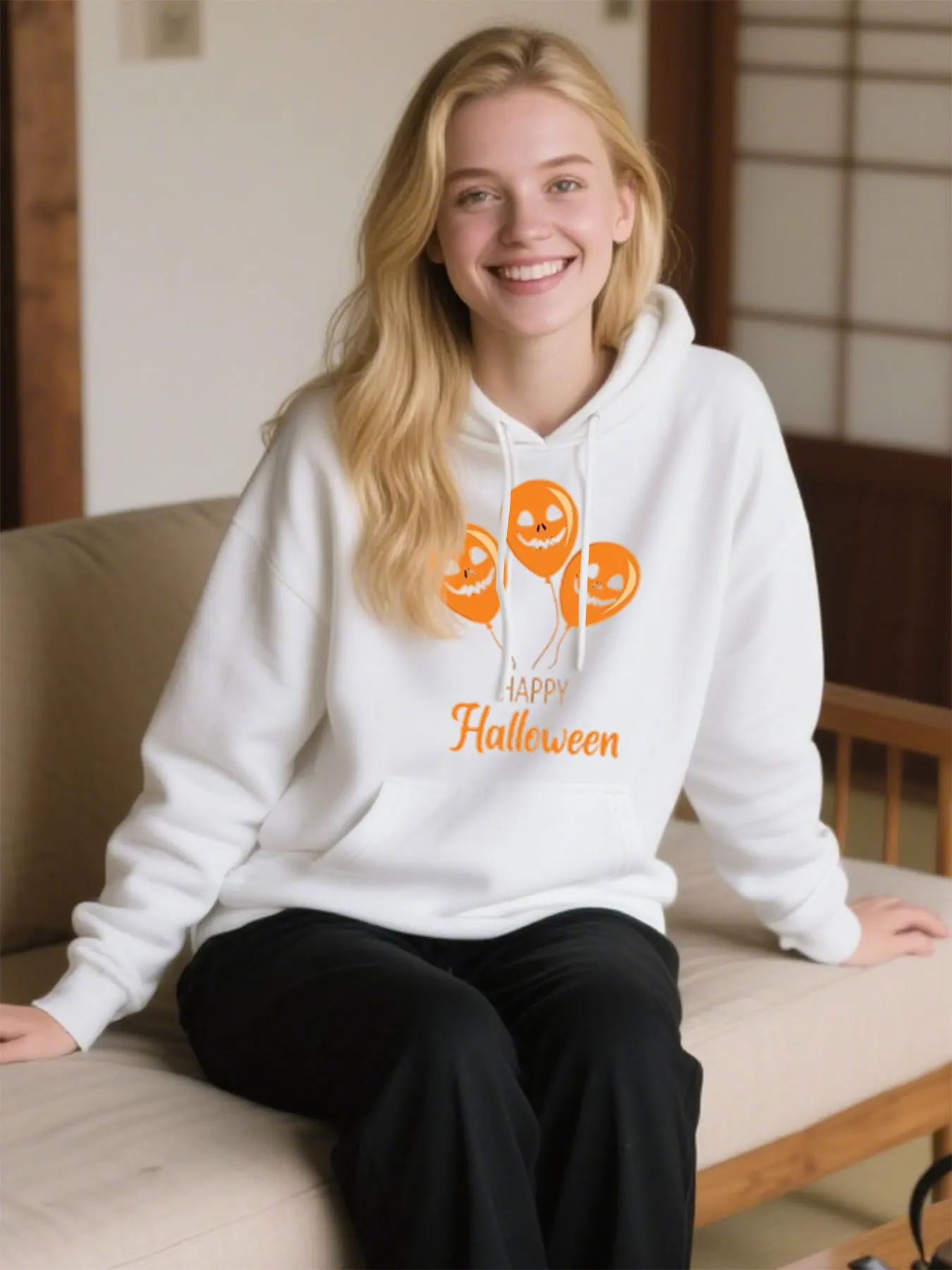 

Cozy Fleece Hoodie With "Happy Halloween" Balloon Print, Perfect For Fall Festivities