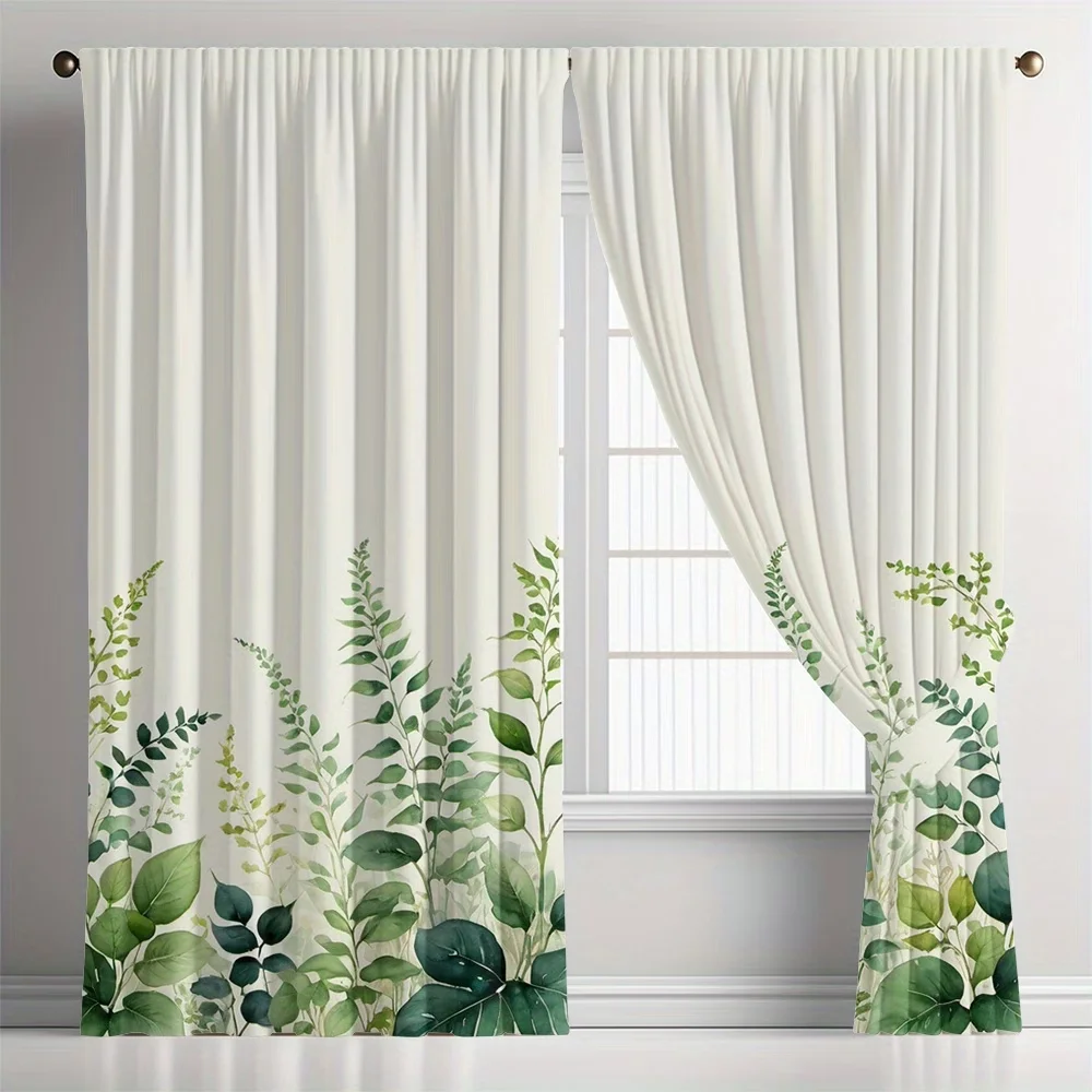 2PCS Digital Printed Curtains, Bottom Green Leaves Tropical Botanical Border, Window Drapes for Living Room Bedroom Home Decor