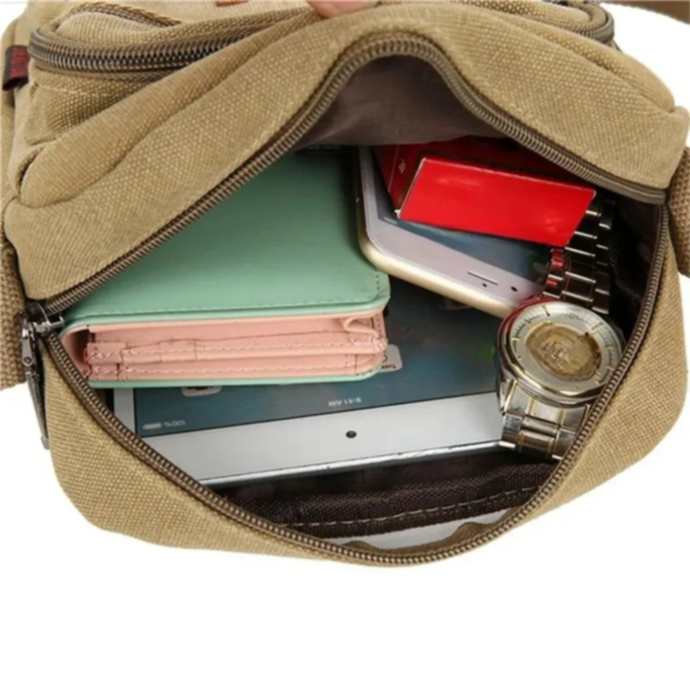 Casual Canvas Men's Shoulder Bag Large Capacity Solid Color Crossbody Bag Zipper Multi Layer Business Cash Bag