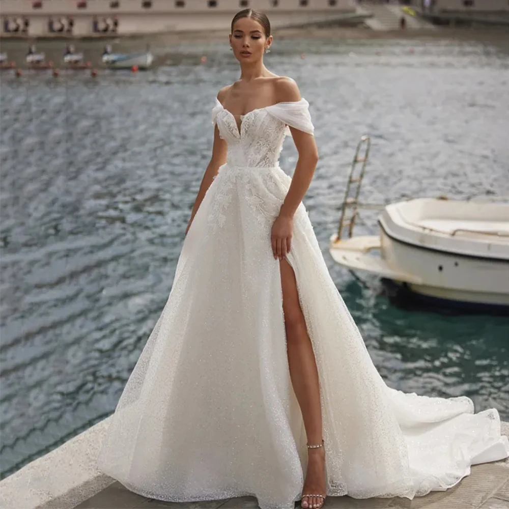 Elegant Wedding Dresses For Women A-Line Sexy Backless Off Shoulder High Split Romantic Appliques Lace Illusion Bride Gown 2023