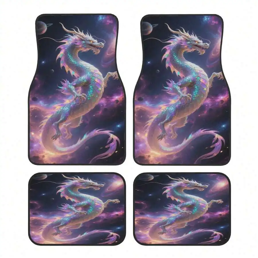 

4pcs Cosmic Dragon Car Floor Mats Neon Blue Purple Space Design Stain Resistant Anti Slip Fit All Cars