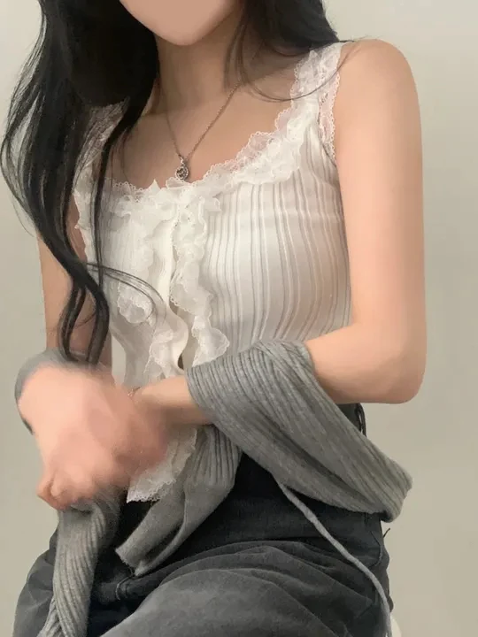 Coreano sle malha renda colheita topo feminino sexy svel interior wear único ele branco colete doce picante irt