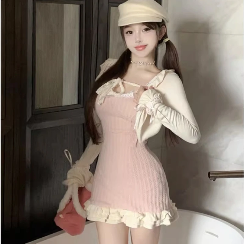 Lace Japanese Sweet Lolita Two Piece Set Women Bow Kawaii Party Mini Dress Suit Female Korean Fashion Princess Set Winter 2023