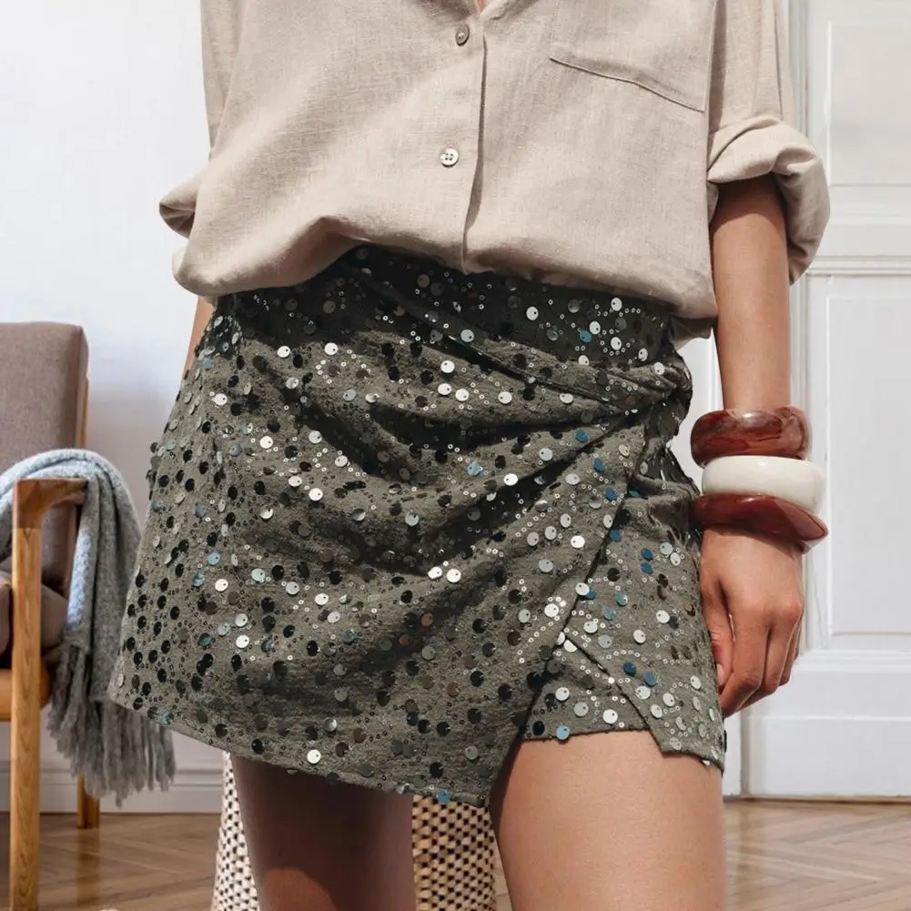 Women Mini Skirt Sequins with Front Twist Detail Side Slit Nightclub Short Skirt for Hidden Zipper