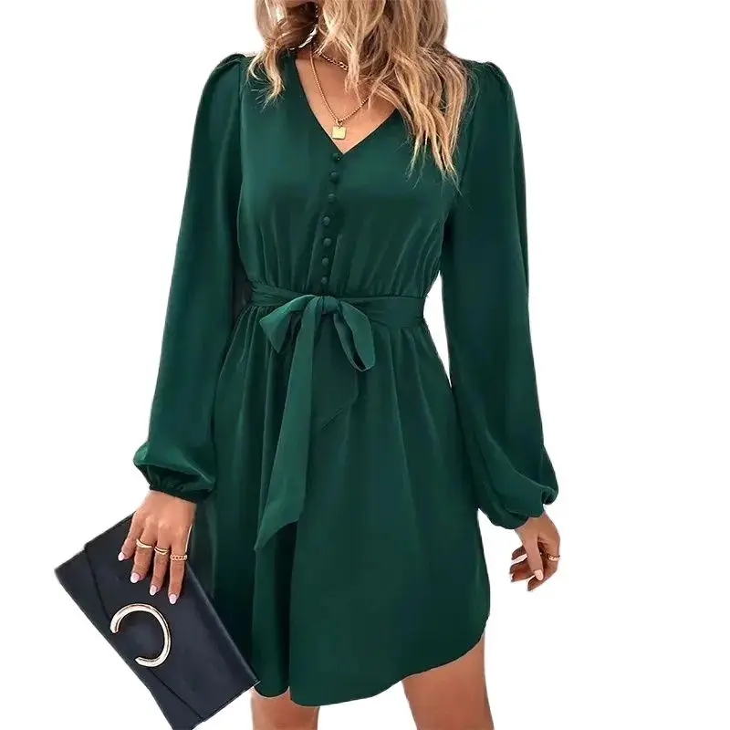 

Winter New Dresses For Women Fashion Cross V Neck Bandage Pleated Dress Ladies Elegant Casual Loose Long Sleeve Vestidos