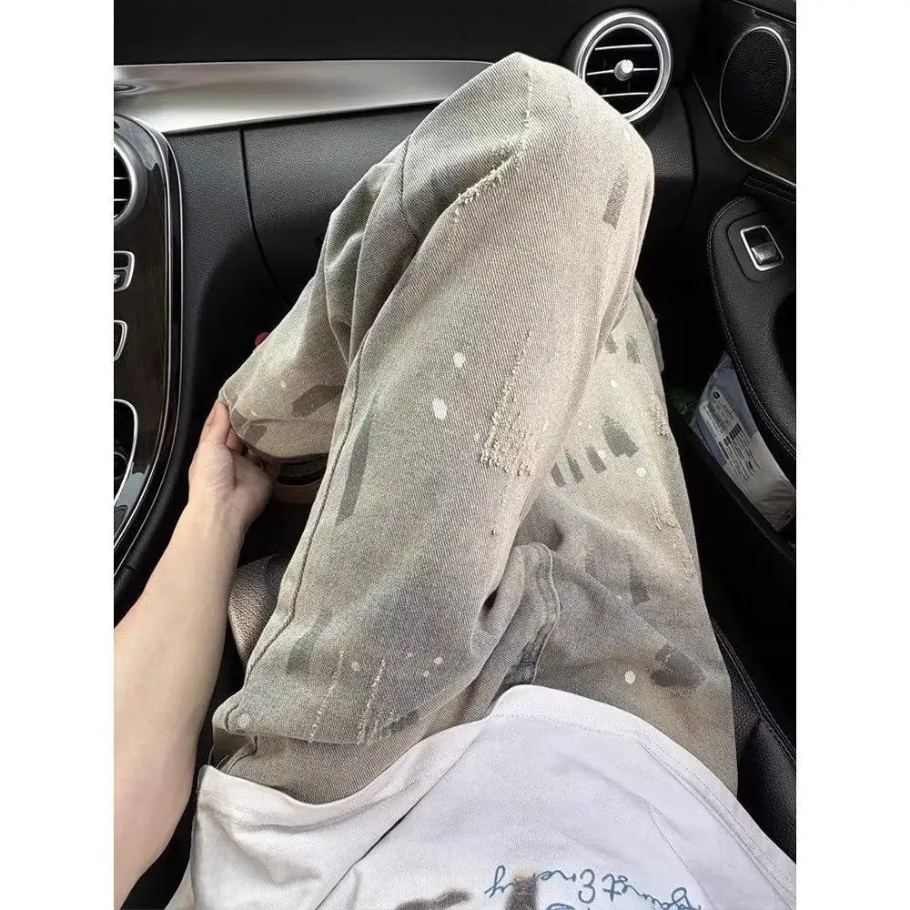 2025 New Splash ink tie dye cat paw print jeans men's style American retro vintage pants summer thin straight leg pants