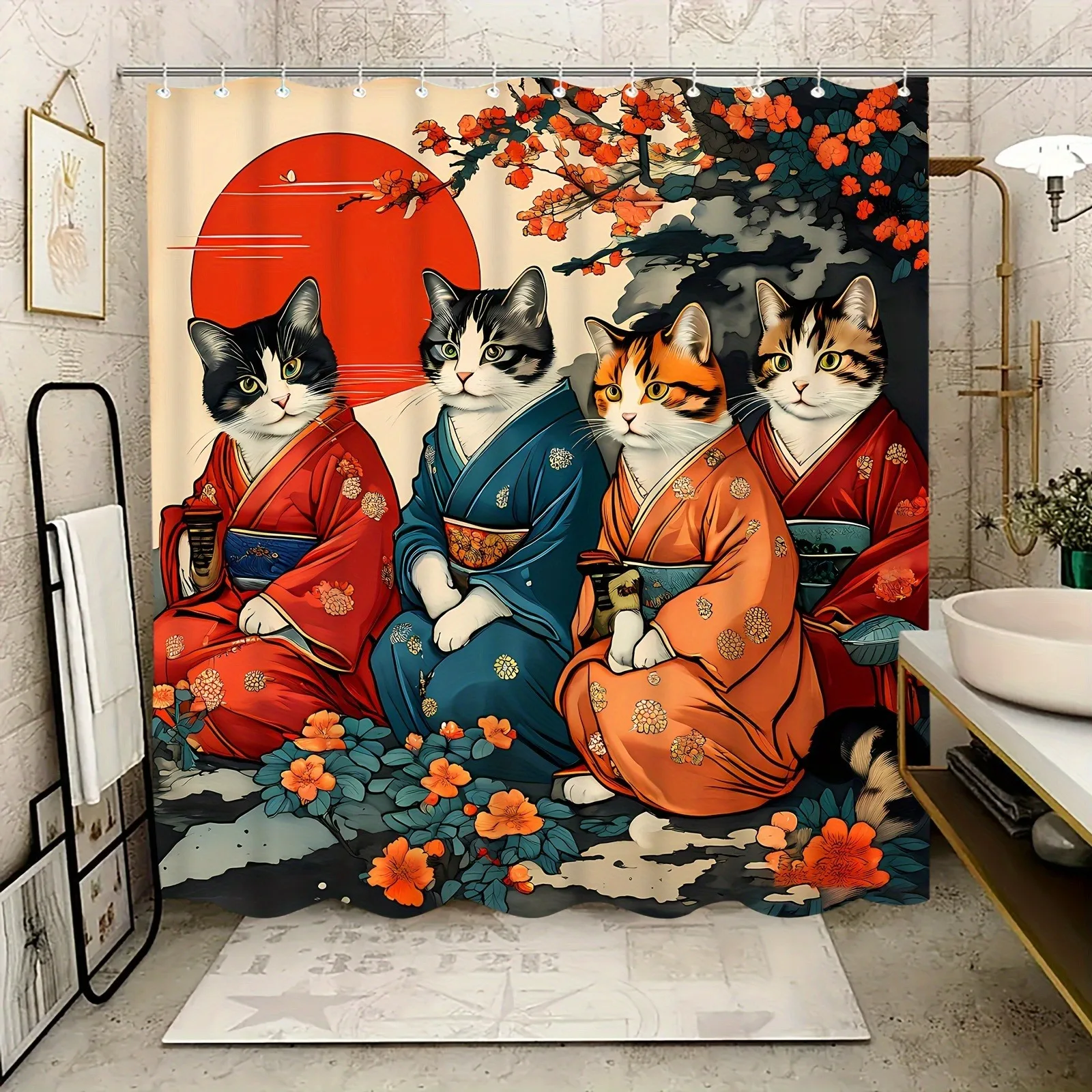 

Japanese-style elegant sunset cat Shower Curtain Washable Dirt-Resistant Shower Head waterproof Polyester Bath Curtain