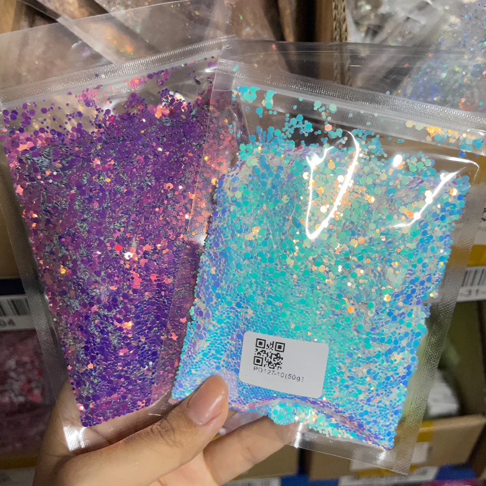 50g/bag Nail Glitter Flakes Mix-Hexagon Holographic Sparkly Powder Mermaid Flakes Glitter Sequin Epoxy Resin Nails Accessory