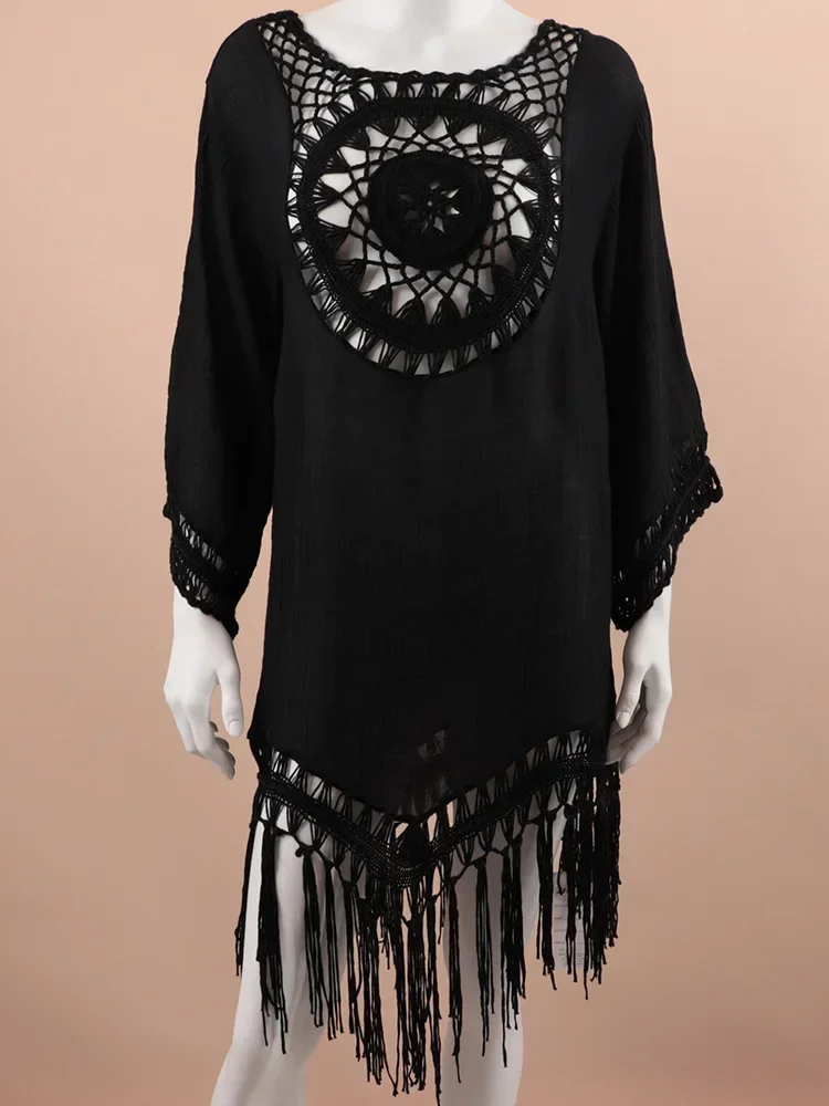 Nuevo sólido ahueca hacia fuera el Bikini cubrir las mujeres playa encubrimientos de manga larga borla Vestido de playa novedad de verano moda femenina ropa de playa