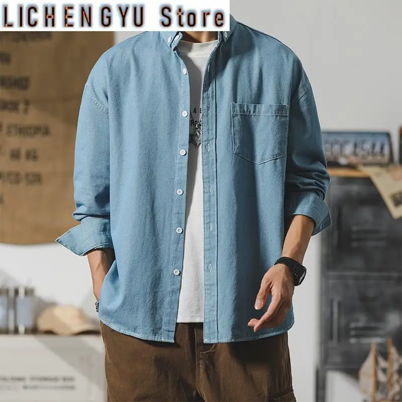 Men's Casual Long Sleeve Button Up Cowboy Weatern Distressed Denim Work Shirt with Chest Pocket