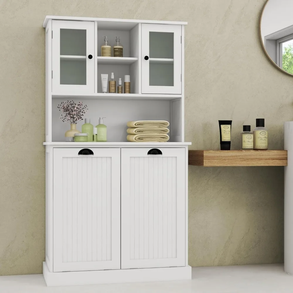 Tall Tilt-Out Double Doors Laundry Cabinet Hamper, Large Pull Out Laundry Room Storage Cabinets, Bathroom Cabinet