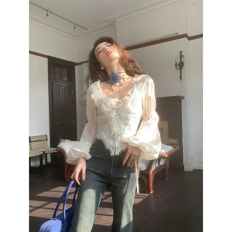 

French Retro Court Style Heavy Industry Fish Bone Waist and Thin Temperament Bottoming Shirt Inner Top for Women