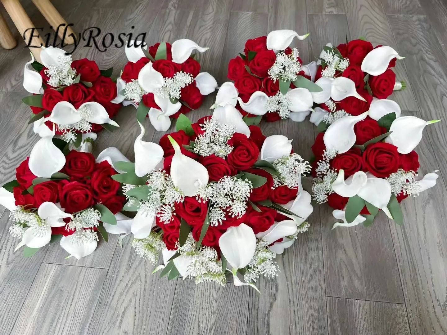 EillyRosia-ramo de novia blanco y rojo, lirio de Cala, rosas verdes, hoja de eucalipto, flores artificiales redondas para dama de honor