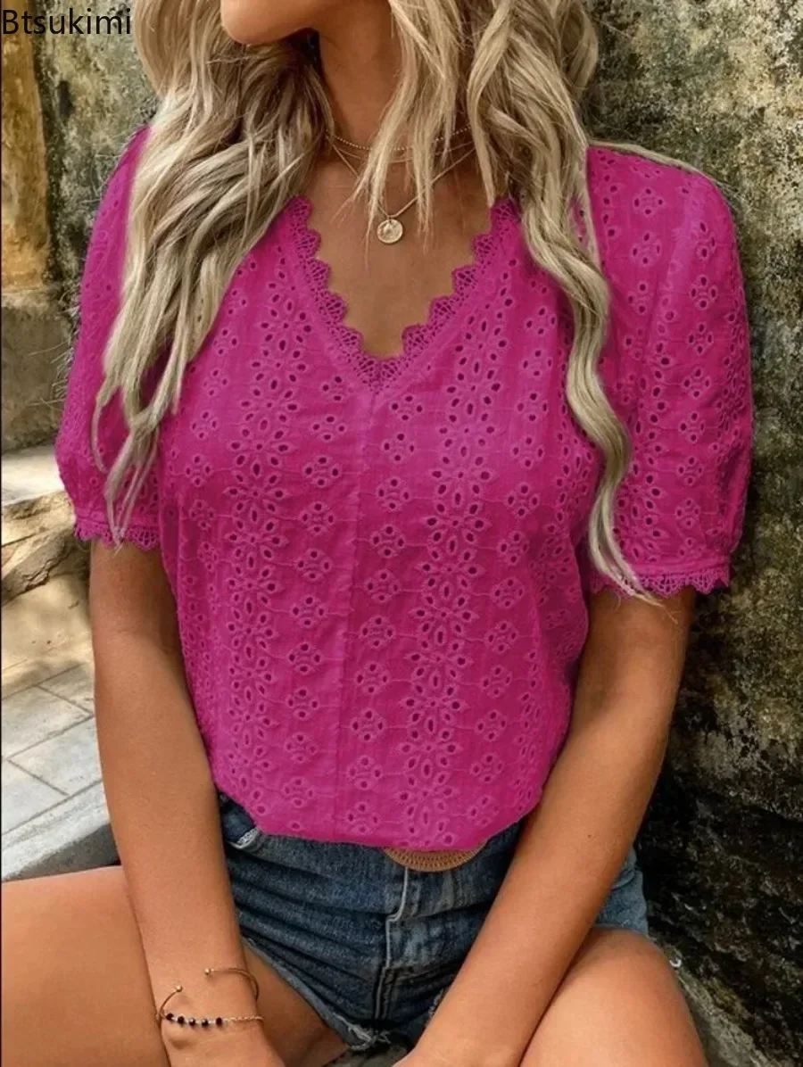 Summer New Lace Splice Hollow Out Blouses for Women Fashion Loose Short Sleeve Cotton Breathable V-neck Tops Elegant Shirt Femme