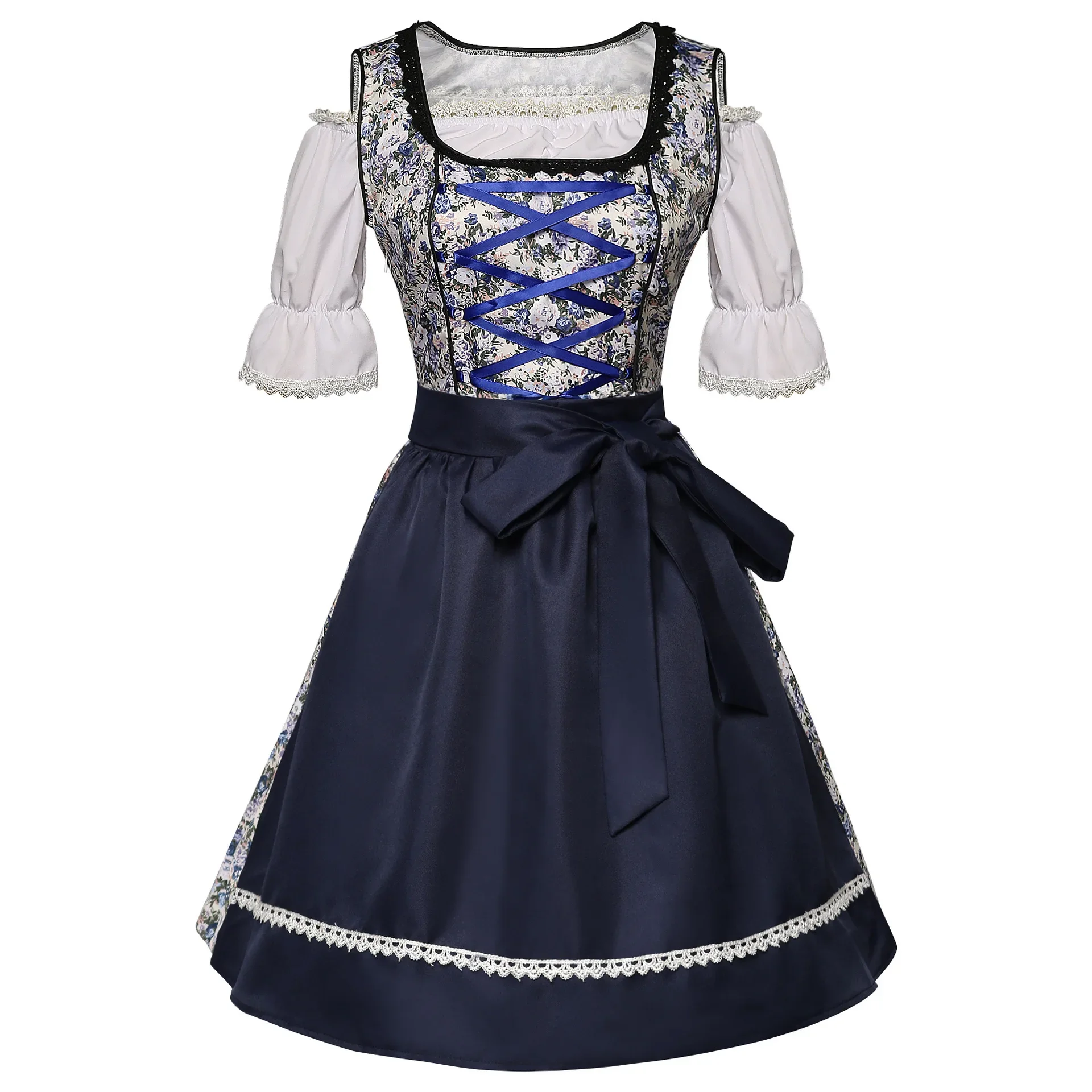 Oktoberfest German Cosplay Costume Bavarian Beer Wench Waitress Maid Dress Carnival Blue White Floral Flower Party Dress Skirt