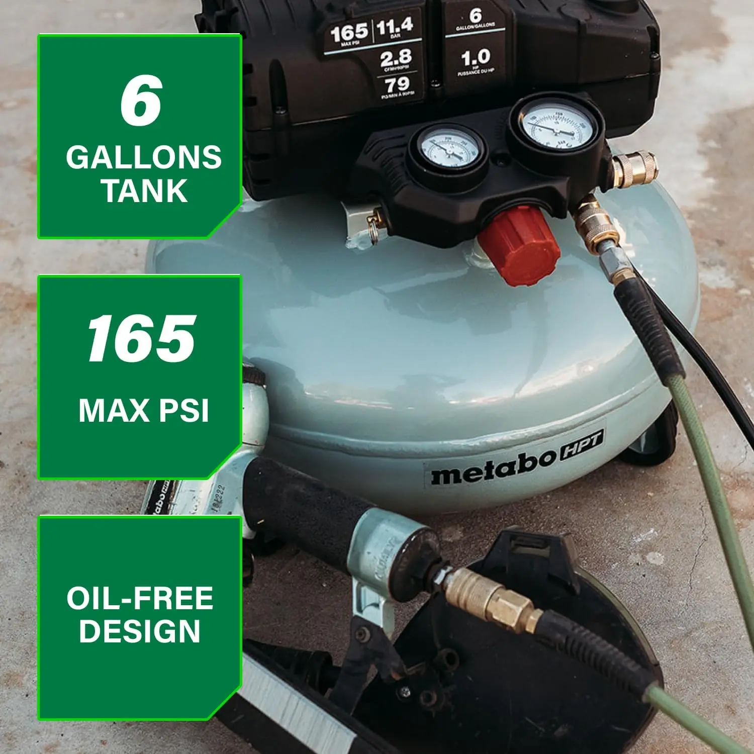 Pancake Air Compressor, 6-Gallon 165PSI, Portable Air Compressor with 1.0 HP Oil-Free High Efficiency Motor, Lihghtweight, Quick