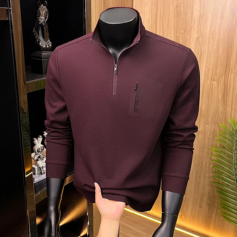 Brand Luxury half zipper stand collar long sleeve T-shirt men's fashion letter embossed personality patch casual new sweatshirt
