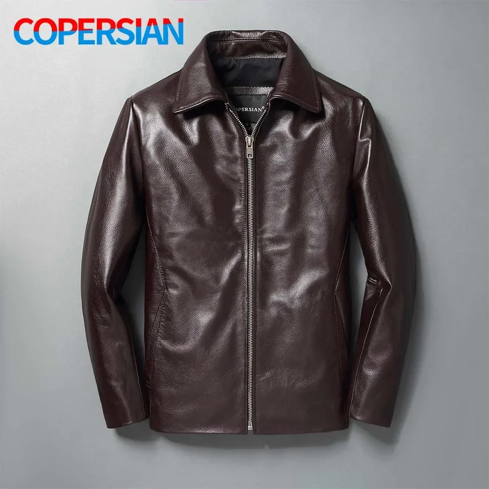 Men Leather Jacket Spring Autumn Soft Top Layer Cowhide Leather Loose Jacket Black Brown Lapel Natural Calfskin Classic Jacket