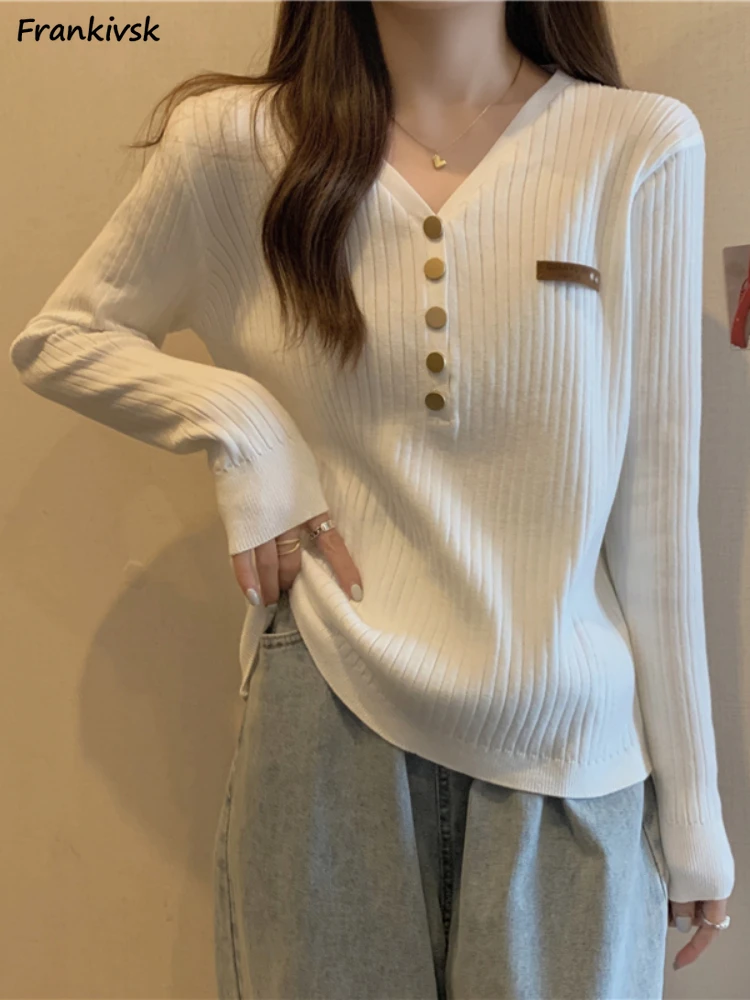 

Sweaters Women Knitted V-neck Slim Spring Long Sleeve Elegant Trendy Comfortable Elasticity All-match Button Office Lady Leisure