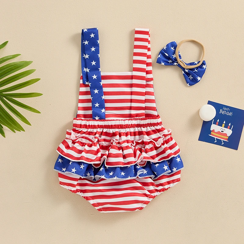 Newborn Girl Outfit Stripes Stars Print Overalls Romper with Hairband 4th of July Clothing