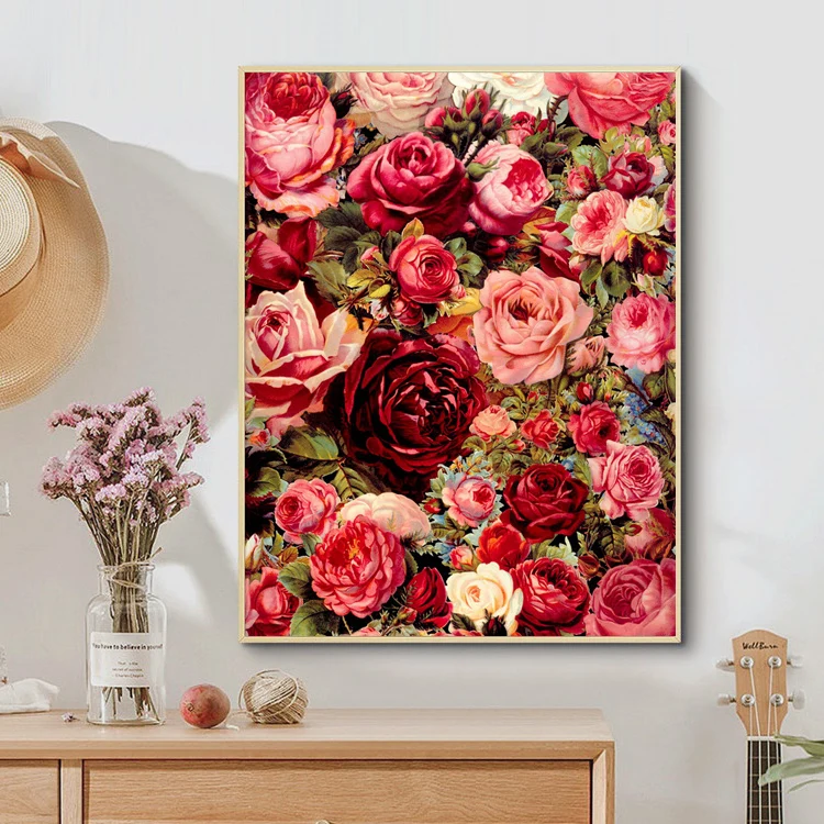 Handmade cross stitch finished product with roses blooming in the garden, rich and luxurious new living room vertical hanging