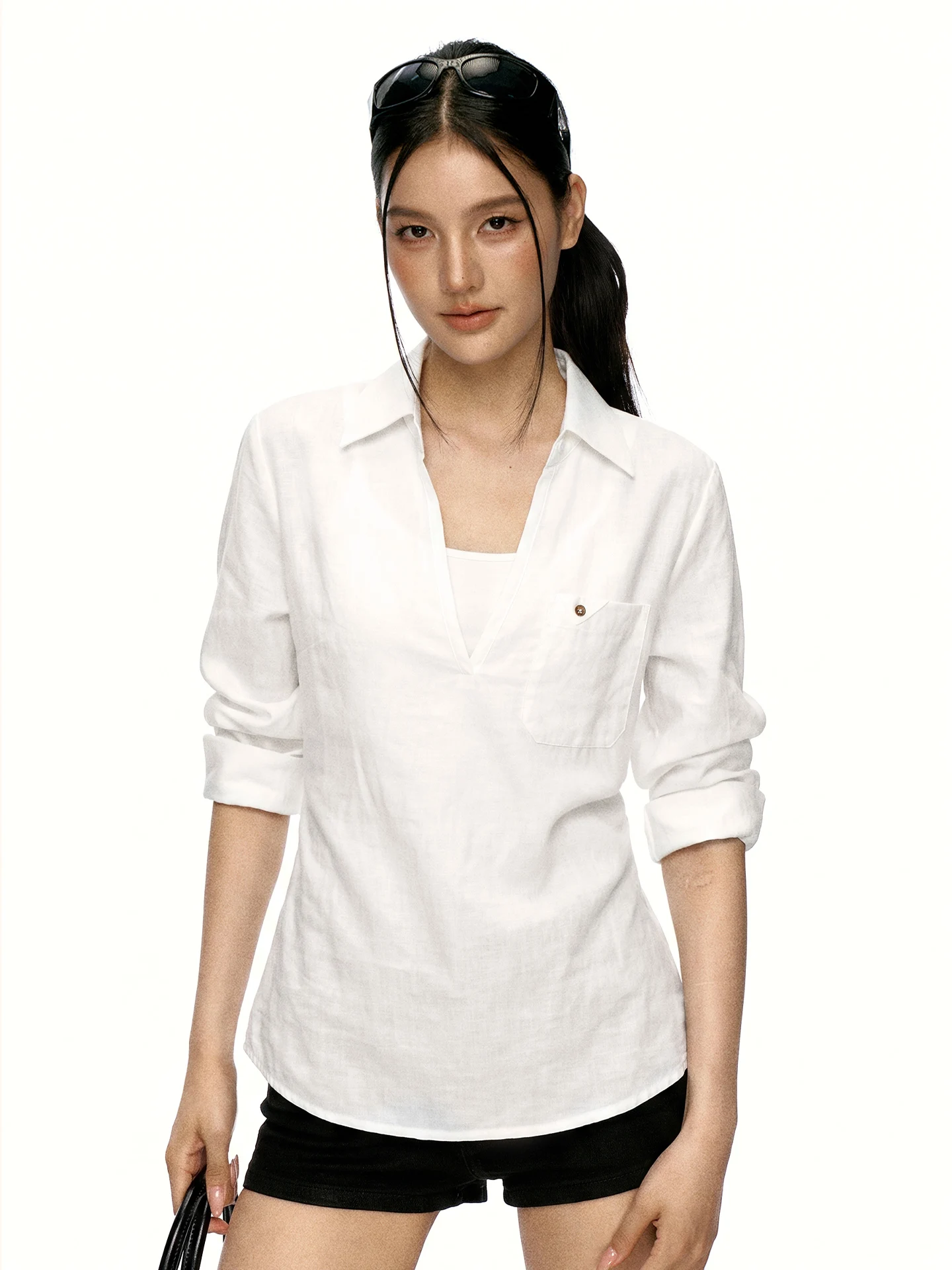Aaisup White College Style Long Sleeve Loose Fit Women's Shirt Casual Versatile Slimming Shoulder Appropriate Trendy Top