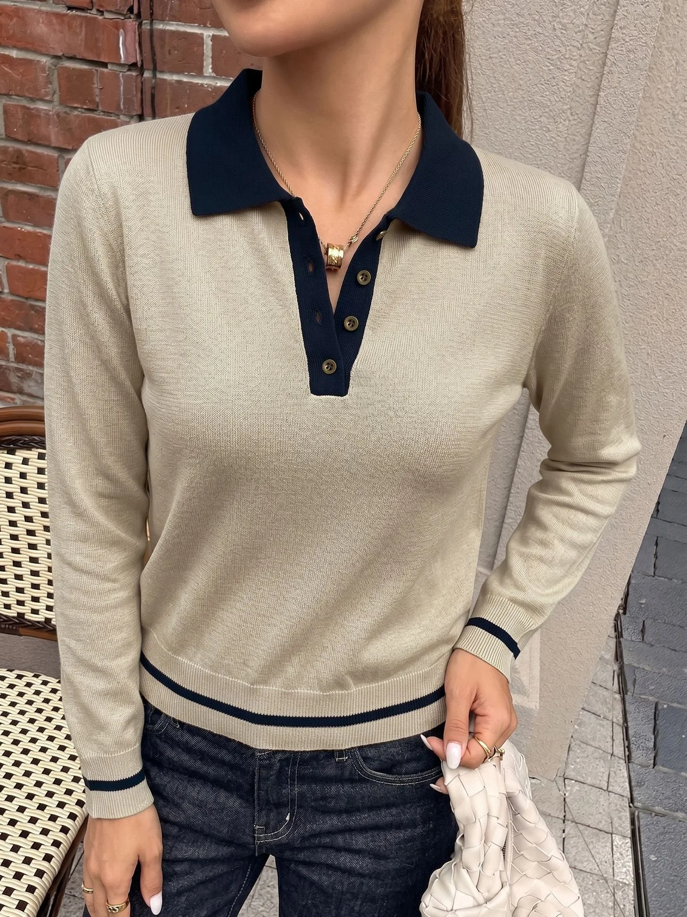 GG Korean Style Color Block Polo Neck Knitwear Women's Slim Fit Long Sleeve Base Shirt Autumn Winter Fashion Casual Top 4