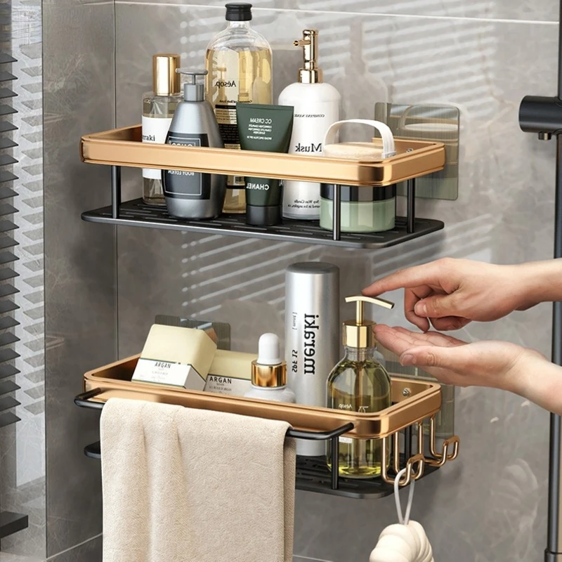 

Bathroom Shelf No Drilling Shampoo Rack Corner Storage Rack Wall Mounted Aluminum Toilet Above Kitchen Bathroom Accessories