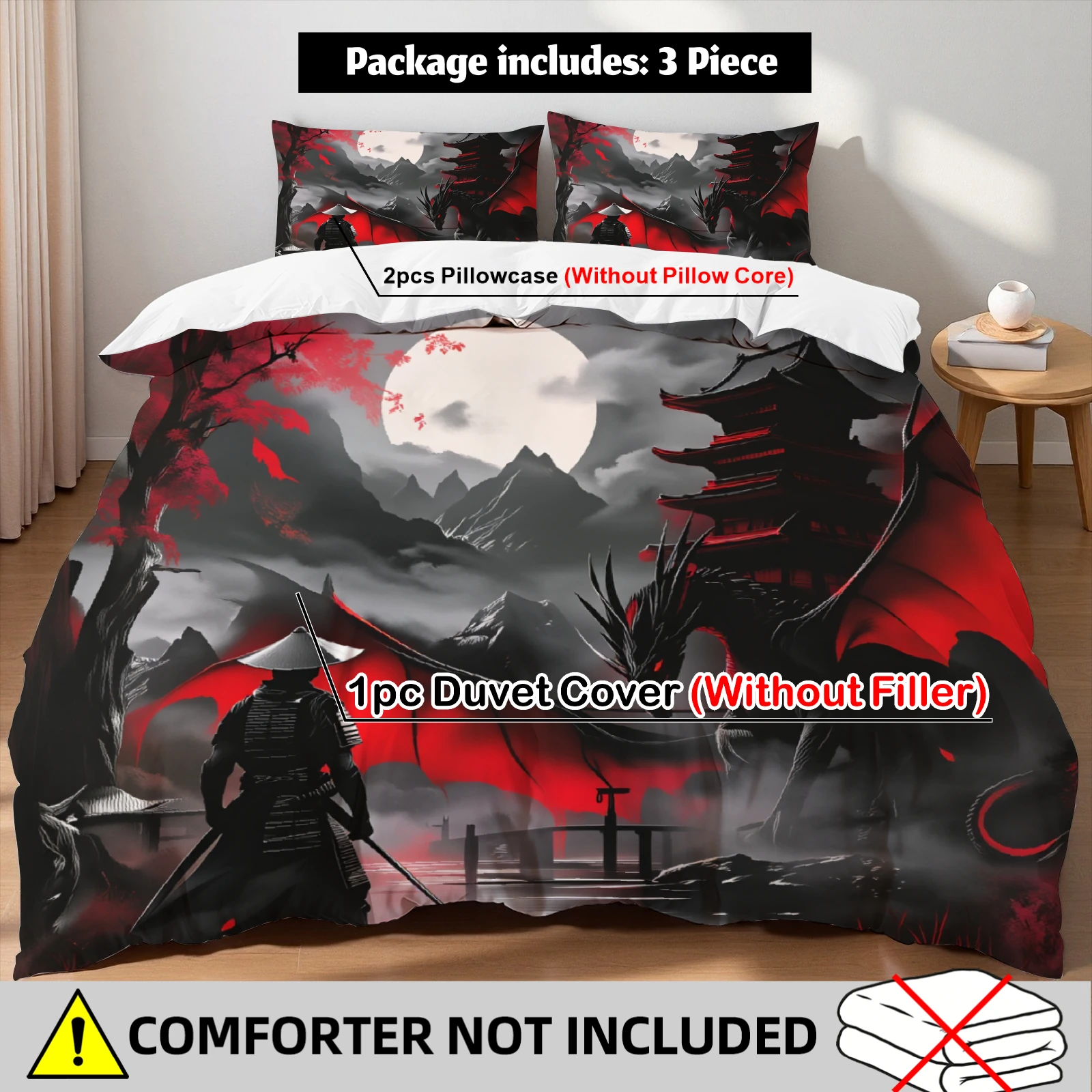 Japanese Samurai Dragon Duvet Cover Set Red Black Pagoda Bedding Set For Japan Culture Lovers Bedroom DecorTwin Queen King Size