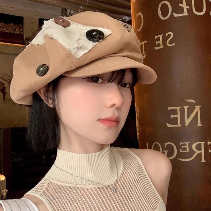

Y2K Personalized Button Patch Design Oversized Newsboy Hats Women Show Face Small Summer Autumn Casual Versatile Retro Berets