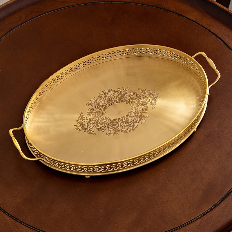 Brass retro tray home living room coffee table water cup snack desktop storage light luxury American tray ornament